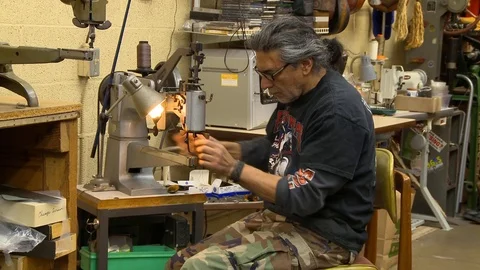 Shoe Repair Man Threading Machine Stock Footage 88109800