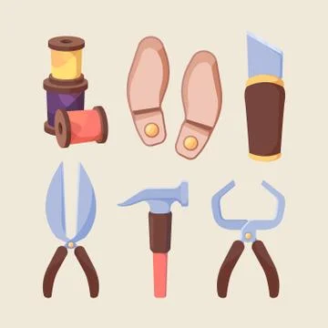 Shoe repair tools set. Sharp scissors for cutting leather colored bobbins sewing Stock Illustration