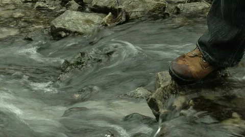 Shoe on rock In flowing stream Stock Footage 119610