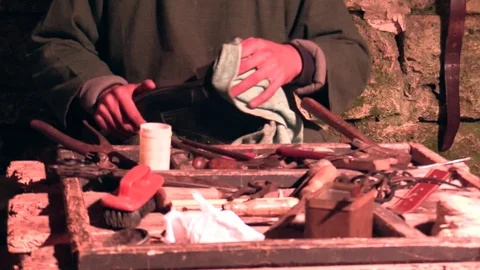 Shoemaker cleans shoe Stock Footage 71762227