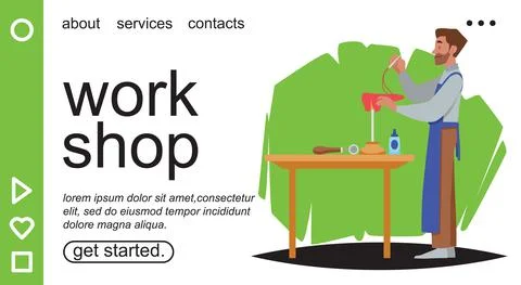 Shoemaker cobbler profession workshop, man stand near table sideview, making Stock Illustration