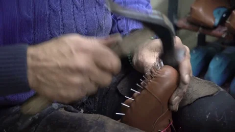 Shoemaker is Making Shoes 4K UHD Close up Video Stock Footage 71722813