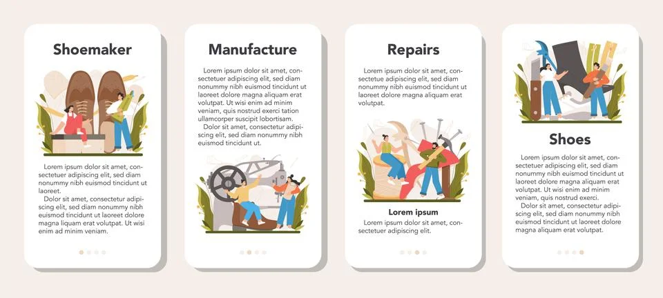 Shoemaker mobile application banner set. Craftsman wearing an apron Stock Illustration