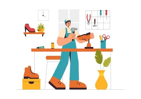 Shoemaker Profession Vector Illustration featuring the Process of Shoe Repa.. Illustrazione stock