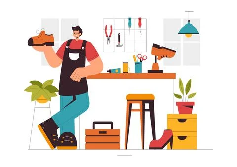 Shoemaker Profession Vector Illustration featuring the Process of Shoe Repa.. Stock Illustration