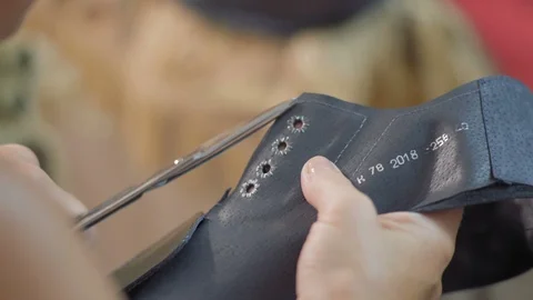 Shoemaker Woman's Hands, Close-Up, Handle Leather Footwear, Cut With Scissors Stock Footage 97351342