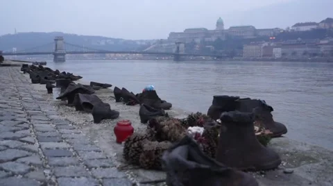 Shoes on the Danube Bank is a memorial in Budapest, Hungary Stock Footage