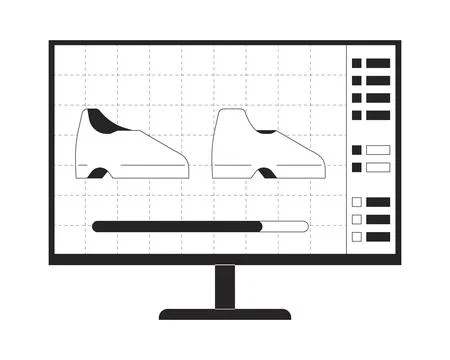 Shoes designing on computer screen black and white 2D line cartoon object 스톡 일러스트