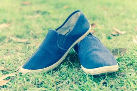 Shoes on green summer grass in park Stock Photos