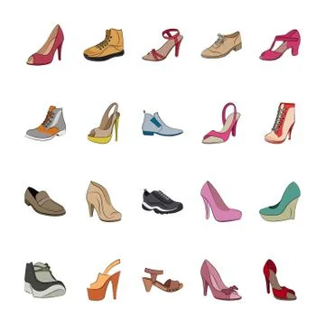 Shoes Hand Drawn Colored Vector Icons Stock Illustration
