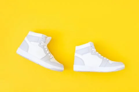 Shoes on yellow background. Step by step in flat style. Success and developme Stock Photos