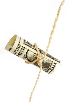 Shoestring budget dollar.  string or twine tied in a bow isolated Stockfoto's