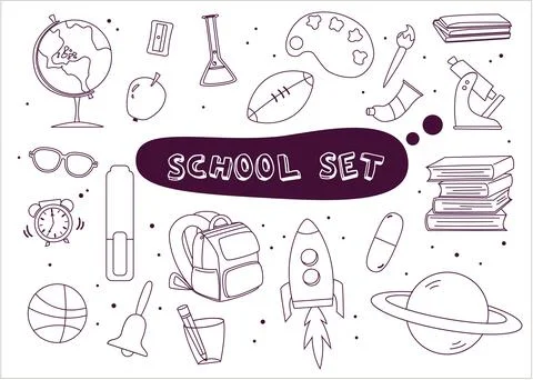 Shool objects for studying. Hand drawn flat cartoon elements in line. イラスト素材