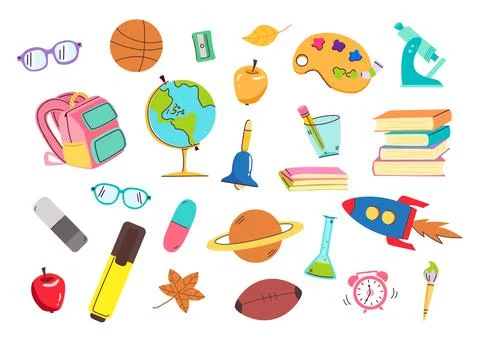 Shool objects for studying. Hand drawn flat cartoon elements. Stock Illustration