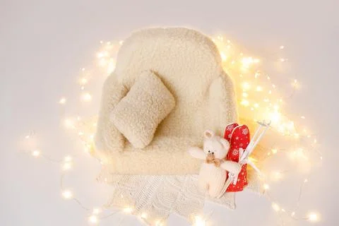 Shoot set up with sofa, lights, toy, ski Stock Photos