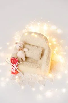 Shoot set up with sofa, lights, toy, ski Stock Photos