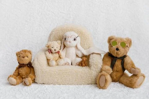 Shoot set up with sofa, teddy bears and bunny Stock Photos