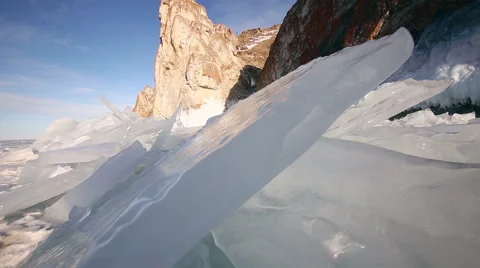 Shoot with slider using on Baikal lake in Russia ice Stock Footage 49061985