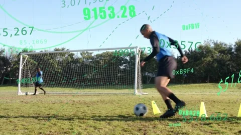 Shooter dribbling at cones, shooting into net, green AR overlay tracking soccer Stock Footage 334203641