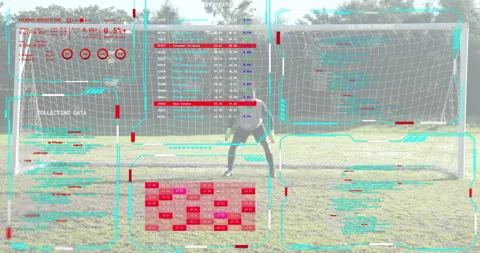 Shooter sprinting shooting into goal while goalkeeper diving missing shot with Stock Footage 316134029