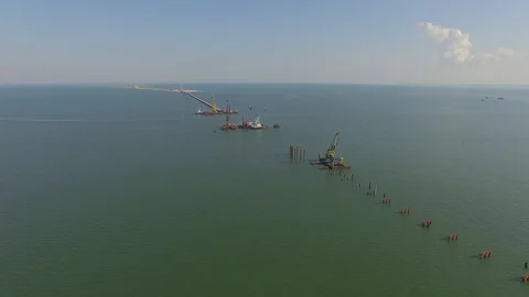 Shooting from the air of building process of Kerch bridge, Crimea Stock Footage 113415786