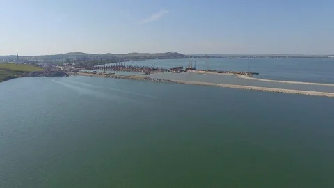 Shooting from the air of building process of Kerch bridge, Crimea Stock Footage 113415944