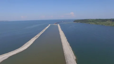 Shooting from the air of building process of Kerch bridge, Crimea Video stock 113415960