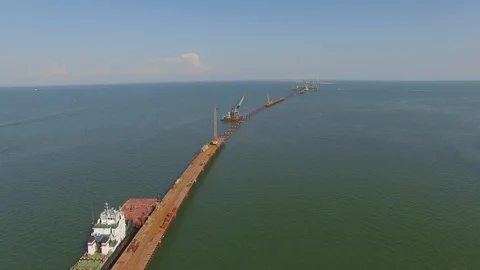Shooting from the air of building process of Kerch bridge, Crimea Stock Footage 113416047