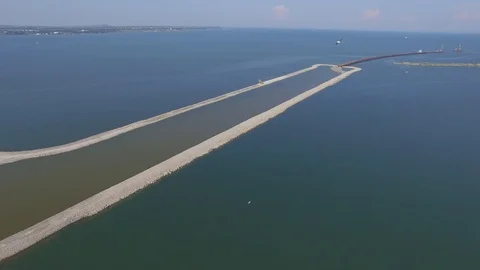 Shooting from the air of building process of Kerch bridge, Crimea Stock Footage 113416458