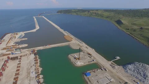 Shooting from the air of building process of Kerch bridge, Crimea Stock Footage 113416465