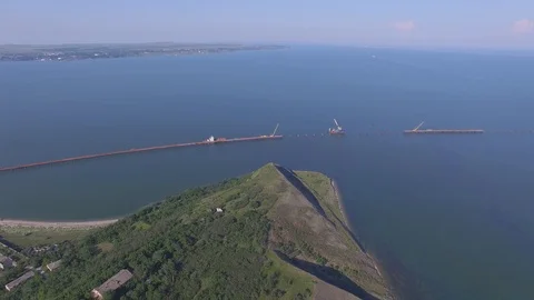 Shooting from the air of building process of Kerch bridge, Crimea Stock Footage 113416675