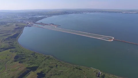 Shooting from the air of building process of Kerch bridge, Crimea Stock Footage 113416693