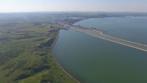 Shooting from the air of building process of Kerch bridge, Crimea Video stock 113416817