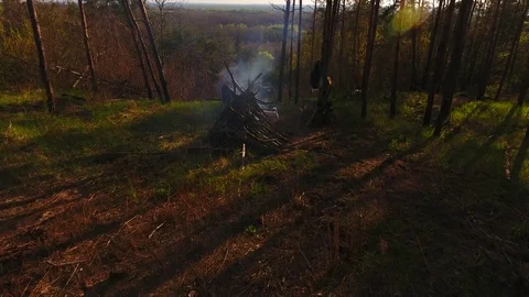 Shooting from the air. flight over the camp in the forest Stock Footage 74610355
