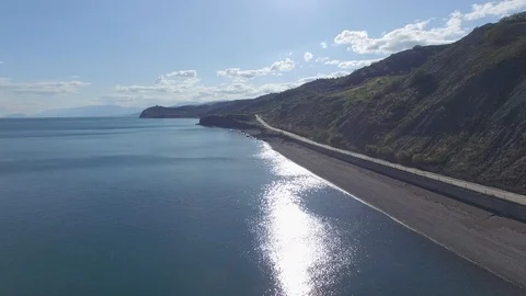 Shooting from the air of  of long empty beach in the village Morskoe, Crimea Stock Footage 114052441