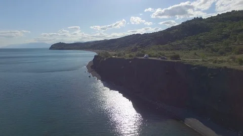 Shooting from the air of  of long empty beach in the village Morskoe, Crimea Video stock 114052663