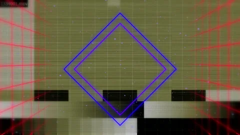 Shooting blue line creating glowing diamond outline in green grid room, with red Stock Footage 311416085