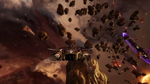 Shooting down the rival starship in the sci-fi video game simulator mission Stock Footage 304716458
