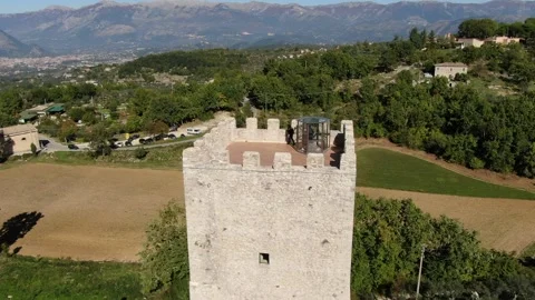 Shooting with drone at the ancient Acropolis Tower of Civitavecchia Arpino Stock Footage 147382920