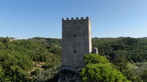 Shooting with drone approaching the tower of the acropolis of Civitavecchia Stock Footage 147384976