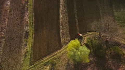 Shooting from drone flying over tractor with harrow system plowing ground on Stock Footage 184438742