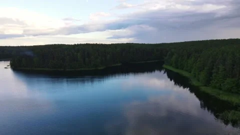 Shooting from drone Forest of river Blue water river bends Summer evening Stock Footage 232038813