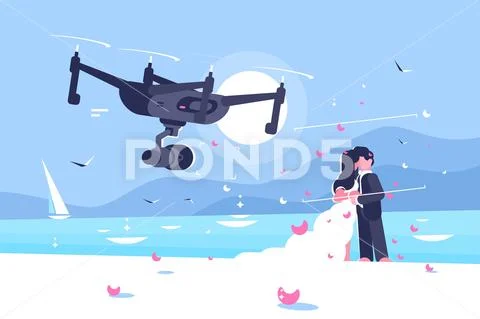 Shooting drone over wedding flat poster Stock Illustration