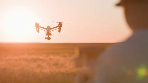 Shooting of flying drone with digital video camera over wheat field during Stock Footage 201463702