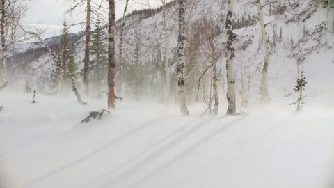 Shooting from a helicopter taking off from winter forest Stockbeeldmateriaal 102763983