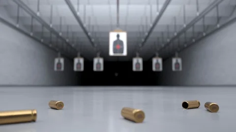 Shooting range with shells falling in front of camera. Target damaged by bullets Stock-Footage 110048994