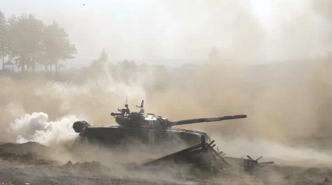 Shooting russian tank, T 72 attack, Tank rides, dust, smoke, military action Stock Footage