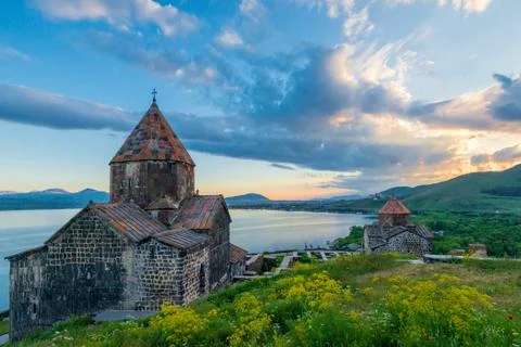 Shooting of Sevanavank Monastery dramatic sky at sunset, Armenia Stock Photos