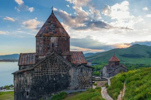 Shooting of Sevanavank Monastery on Lake Sevan at sunset, Armenia Stock Photos