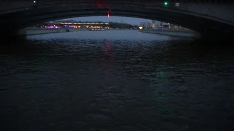 Shooting from a ship under the bridge, away from the center of the metropolis Stock Footage 131362979
